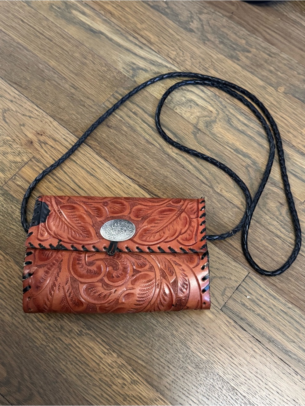 Vintage Embossed Leather Crossbody in Chestnut and Black